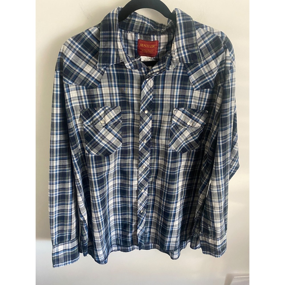 Rustler Blue Plaid Long Sleeve Pearl Snap Western Shirt‎ Size XXL